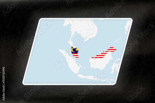 Malaysia Highlighted in Flag Colors on Geographic Map.