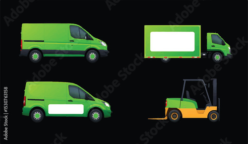 Green pixel art transport vehicle icons: Customizable delivery van, truck, and forklift graphics for logistics and games.

