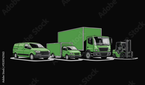 Green pixel art transport vehicle icons: Customizable delivery van, truck, and forklift graphics for logistics and games.

