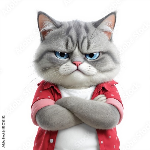 Grumpy Cat with Arms Crossed in a Red Polka Dot Shirt Stares Intensely