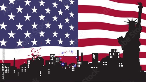 4th of July Fireworks with American Flag and Statue of Liberty. Features silhouette of the Statue of Liberty, a city skyline, and festive fireworks with star effects.
