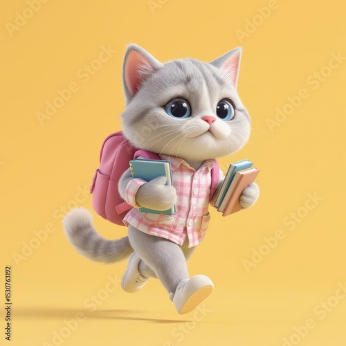 Cartoon Cat Walking with Books and Backpack on Yellow Background