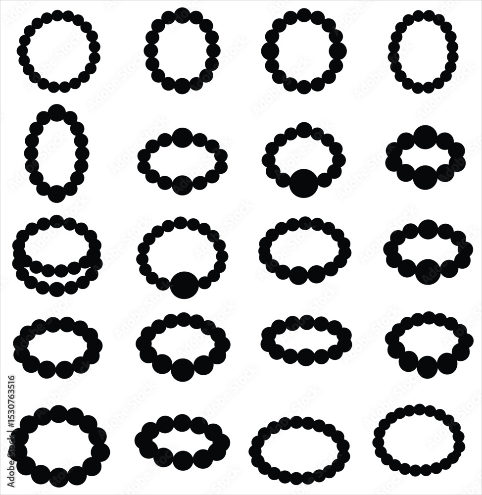 Fototapeta premium Vector Bracelet Set: Diverse Collection of Elegant Silhouette Bracelets, Featuring Various Bead Shapes and Designs, Ideal for Jewelry Showcases, Fashion Graphics, and Creative Digital Art Projects.