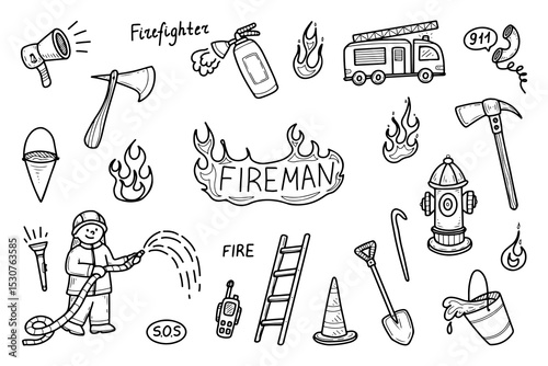 Firefighter set. Hand drawn doodle vector. Emergency help, rescue. Fire engine. Dangerous profession. Fireman. Equipment tools. Axe, hydrant, shovel, ladder, bucket water. Illustration line art.