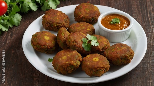 Vegetable Pakora or shami kabab tikki with chutney, sauce and dip served in dish.