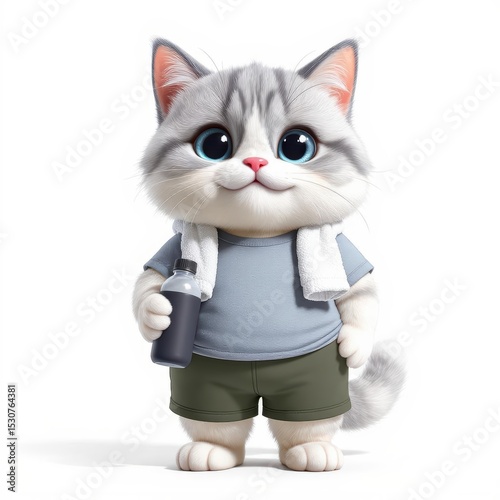 Cat Ready for Fitness Holding Water Bottle with Towel