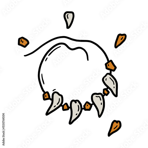 Vector linear hand drawn icon of a primitive necklace made of teeth and stones in doodle style.