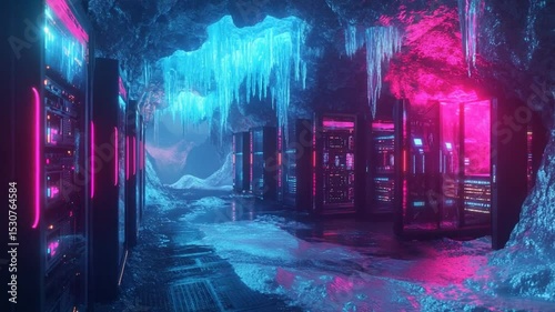Futuristic Ice Cave Data Center with Neon Lighting and Server Racks

