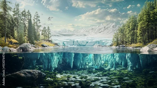 Majestic Frozen Lake with Underwater Ice Caves and Mountain Scenery

