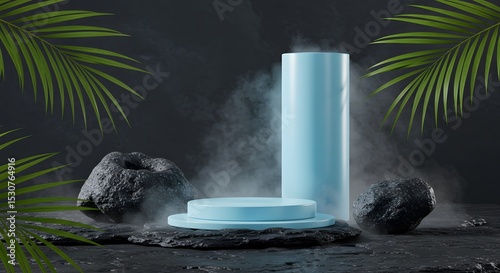 Mystic blue product display  elegant cylindrical platform with misty atmosphere and volcanic rocks