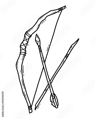 Vector linear hand drawn icon set of primitive weapons including a bow, arrow, and spear in doodle style.