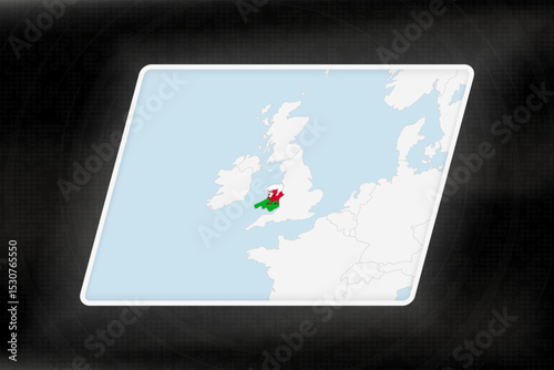 Wales Highlighted in Flag Colors on Geographic Map.