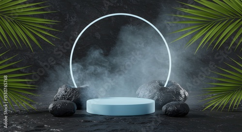 Ethereal tropical pedestal with smoke and neon light ring for product display