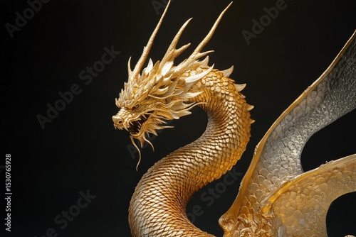 Detailed view of a golden dragon sculpture.