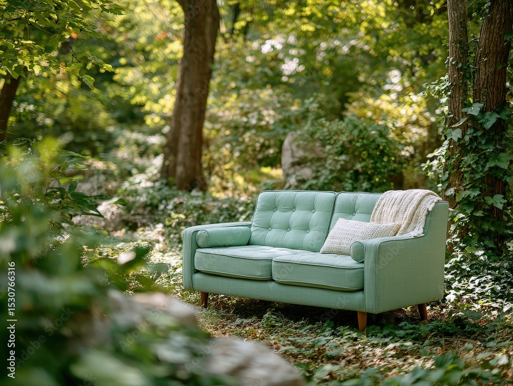 Fototapeta premium Serene Green Sofa in a Lush Forest Setting