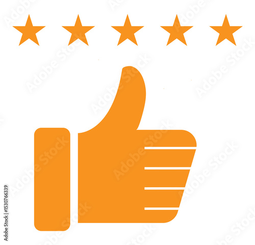 Simple vector black icon of customer feedback with stars and a thumbs up. Thumb up with five stars icons set, representing a high rating or positive feedback. Perfect for review.
