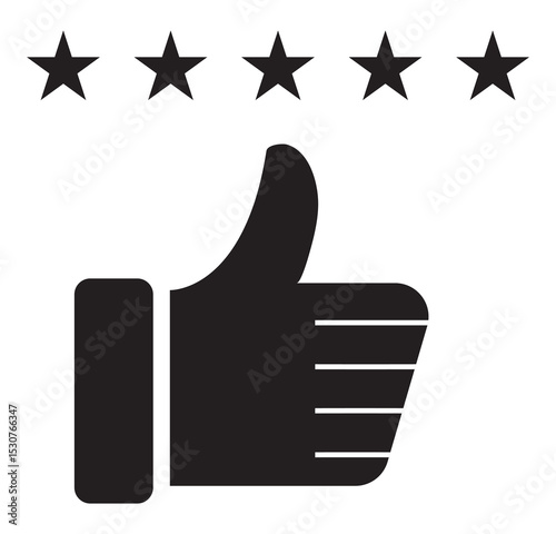Simple vector black icon of customer feedback with stars and a thumbs up. Thumb up with five stars icons set, representing a high rating or positive feedback. Perfect for review.