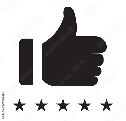 Simple vector black icon of customer feedback with stars and a thumbs up. Thumb up with five stars icons set, representing a high rating or positive feedback. Perfect for review.