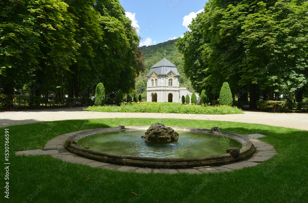 Fototapeta premium Echternach, Luxembourg, Abbey garden and city park with historical tea house