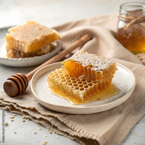 Honeycomb & Linen: Nature’s Palette, raw honey minimalist, nature-inspired breakfast image, luxury linen brunch, golden honey flat lay, elegance, surreal, smooth, visual, cool, majestic, display
