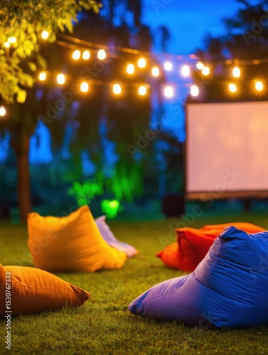 Cozy outdoor movie night setup with colorful bean bags under string lights in a serene garden