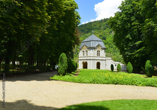 Echternach, Luxembourg, gardens of the Abbey of Echternach with tea house
