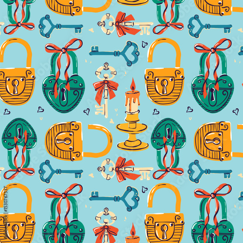 Seamless pattern with heart-shaped keys and locks on the blue background. Valentine's day vector pattern