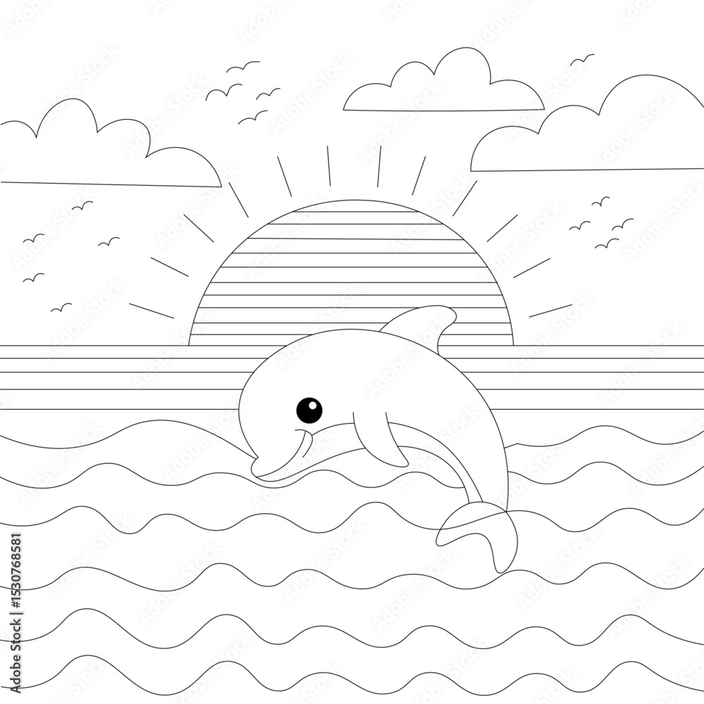 Naklejka premium cute-happy-dolphin-at-sunset-coloring-page-for-kid