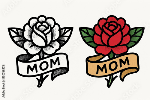 Traditional rose tattoo design with mom text on white background