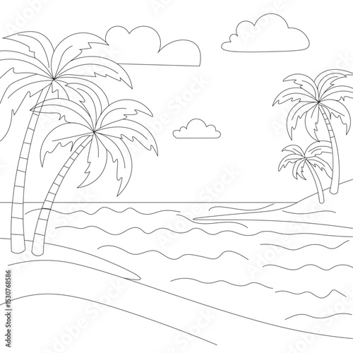 Tropical beach scene coloring page illustration

