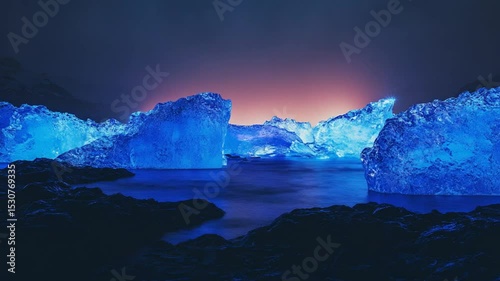 Glowing Blue Icebergs in a Mystical Arctic Twilight Landscape