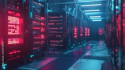 Futuristic Data Center with Glowing LED Server Racks in Blue and Red Light