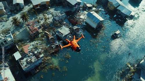 Search and Rescue Drone Surveying Flooded Disaster Zone After Storm