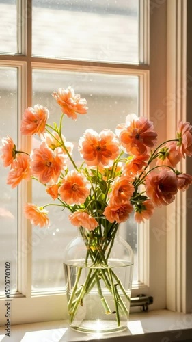 Gentle sunlight illuminating vase of pink flowers the window