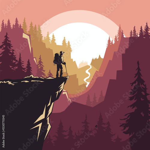 Hiker Standing on Cliff Watching Sunset in Mountain Forest – Adventure Vector Illustration