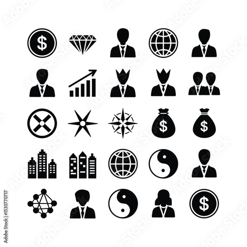 Black Business and Leadership Icon Set – Finance, Growth, People, Global Strategy