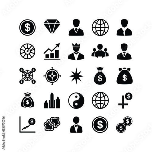 Black Business and Finance Icon Set – Leadership, Money, Growth, Global Strategy