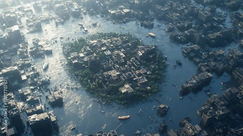 Aerial View of a Flooded City Submerged Under Water