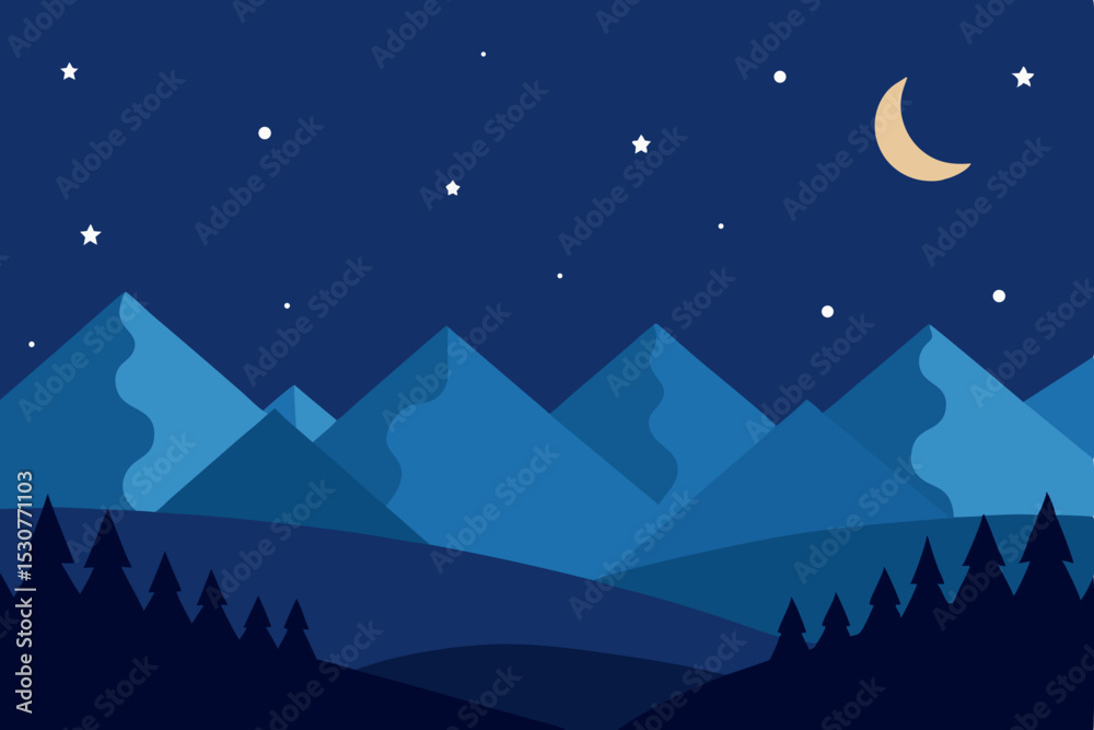 Fototapeta premium Serene nighttime mountain landscape illustration