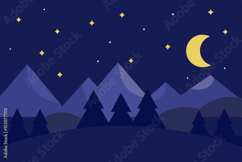 Night mountain landscape with crescent moon and stars