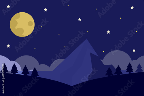 Nighttime mountain landscape with full moon and stars