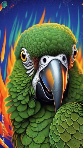 Parrot with vibrant green feathers fiery blue background