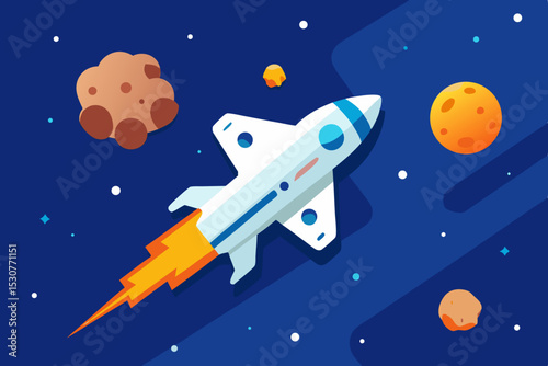 Rocket ship flying through space with asteroids