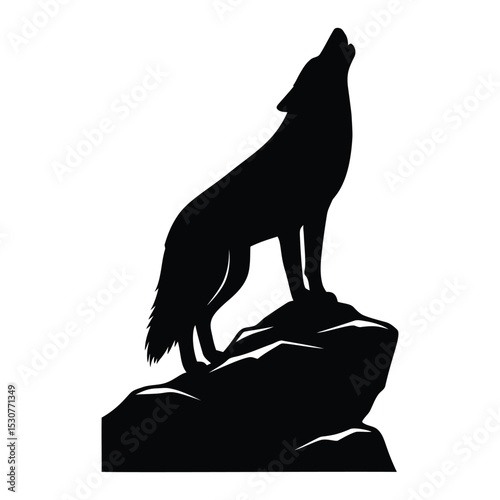 Black wolf howling on a rocky cliff, a powerful silhouette representing wilderness, freedom, and the call of nature in a bold design