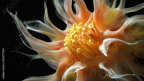 Vibrant close-up of an abstract flower with flowing petals against a dark background