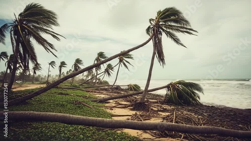 Palm trees bending in strong beach storm