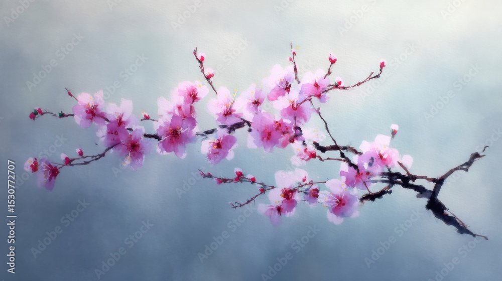 Delicate Cherry Blossom Branch with Soft Pink Flowers on Grey Background Delicate Cherry Blossom Branch with Soft Pink Flowers on Grey Background