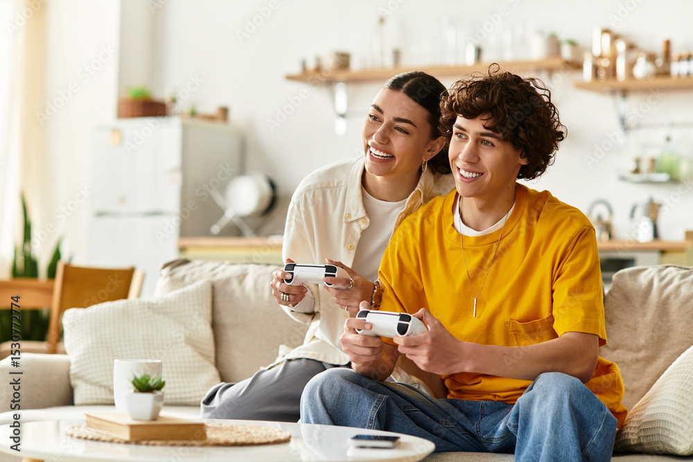 Playful moments shared by a couple enjoying time together at home in their cozy living room Playful moments shared by a couple enjoying time together at home in their cozy living room