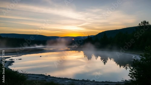 Mystical sunrise serene misty lake landscape