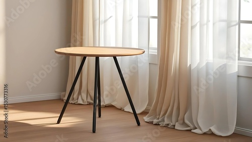 Compact dining table for two with wooden top and black metal legs beside large window with soft sheer curtains, cozy and minimalist design
